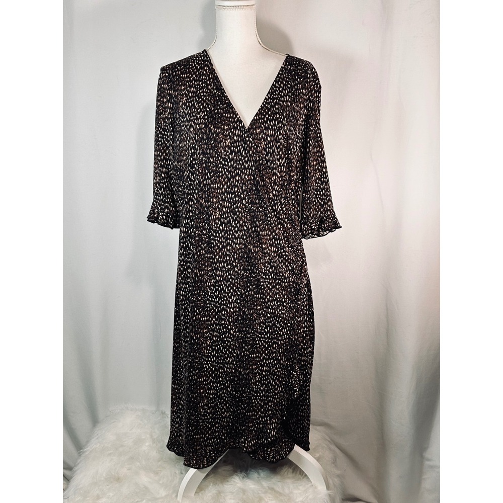 New York & Company Animal Print Faux Wrap Midi Dress Brown Black Ruffle Sleeve